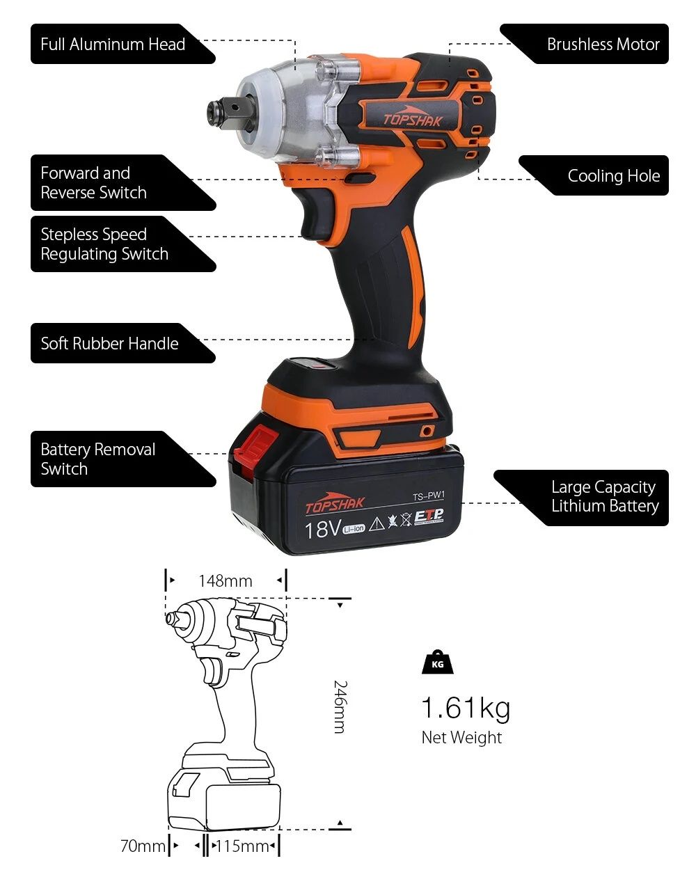 Máquina de Impacto sem escova 380N.M, com luz LED,  com  1 bateria