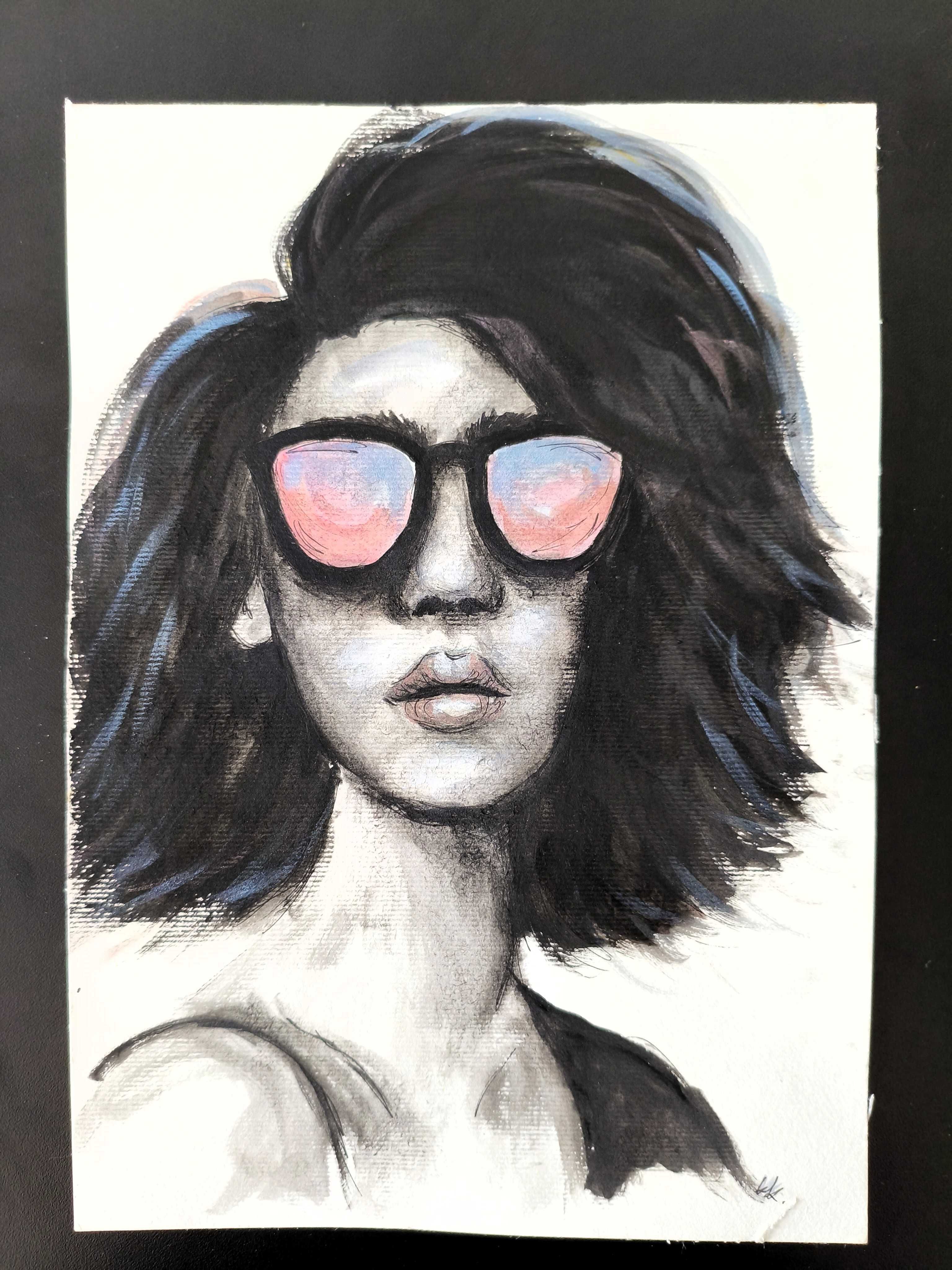 Portret kobieta okulary czarno biały obraz akwarela 21x30 Real One