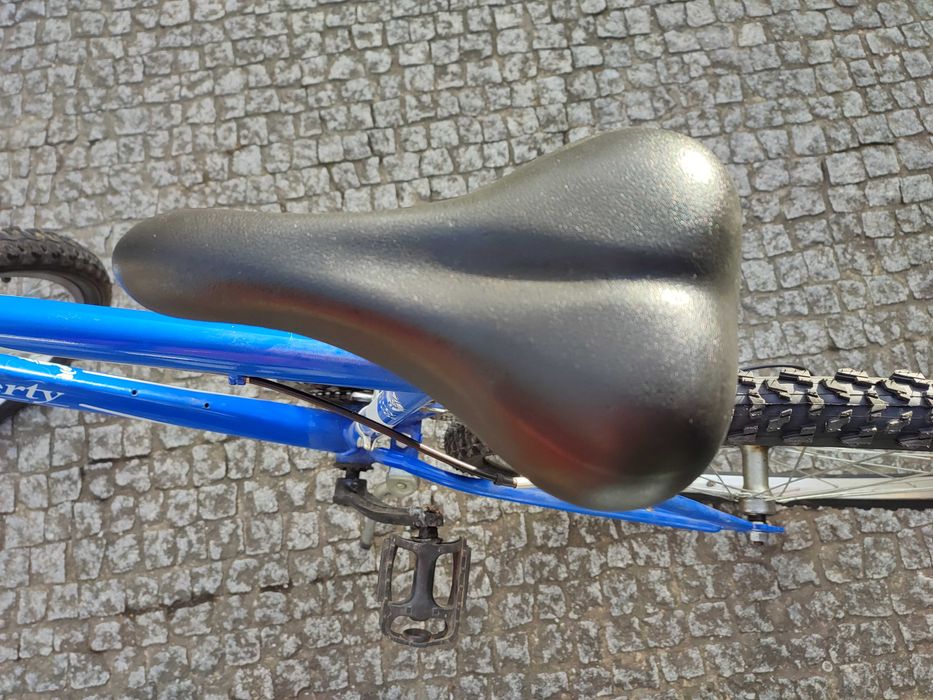 Bicicleta de montanha azul com mudanças e travões Shimano