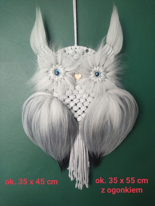 Sowa makrama rękodzieło szara