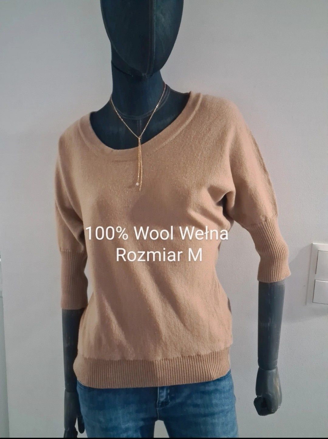 Bluzka Sweter 3/4 rękaw 100% Wełna. Rozmiar M 38. Kolor cammel. Jaeger
