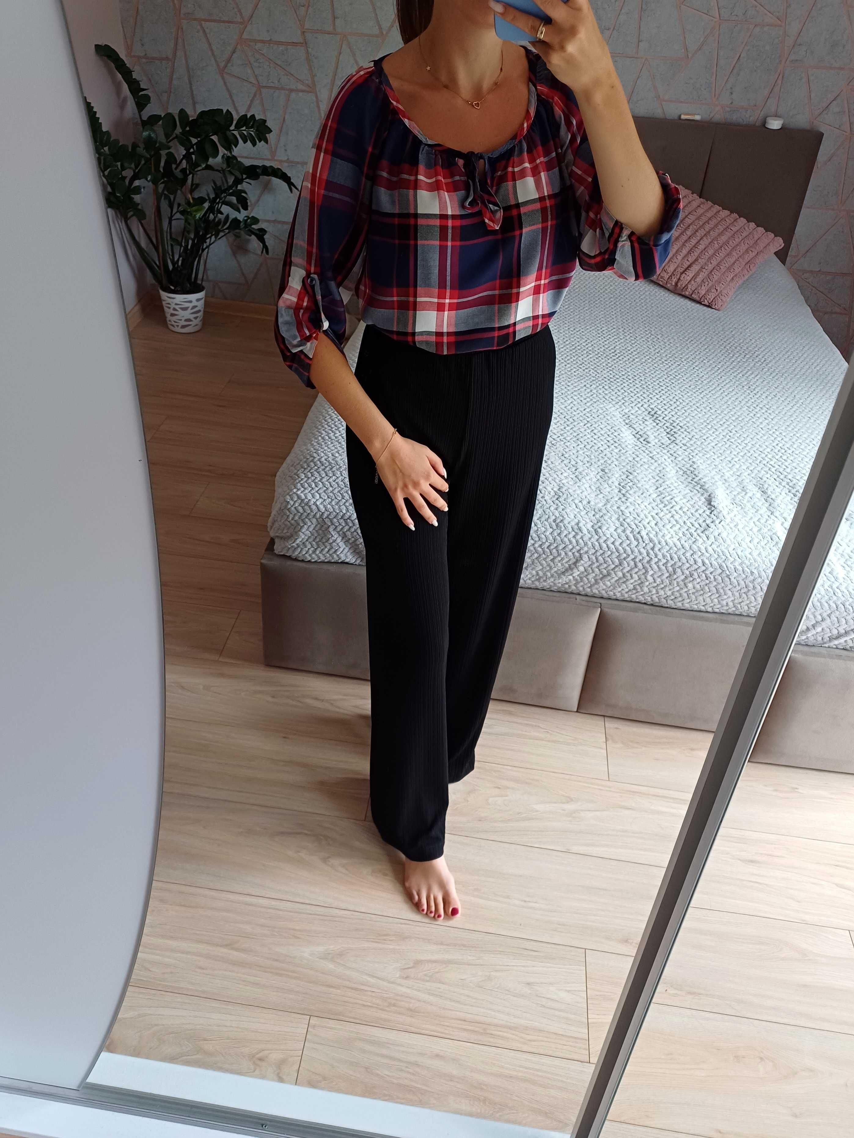 Elegancka bluzka koszulowa w kratę kratkę 36 S biurowa z wiskozy hit