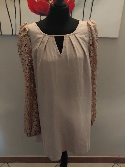 Beżowa luźna zwiewna sukienka długi rękaw koronkowy koronką M L 38 40
