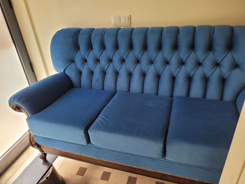 Sofá 3 Lugares Veludo Azul Novo