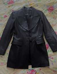 Жакет приталеный длинный пальто чёрный кожаный massimo dutti