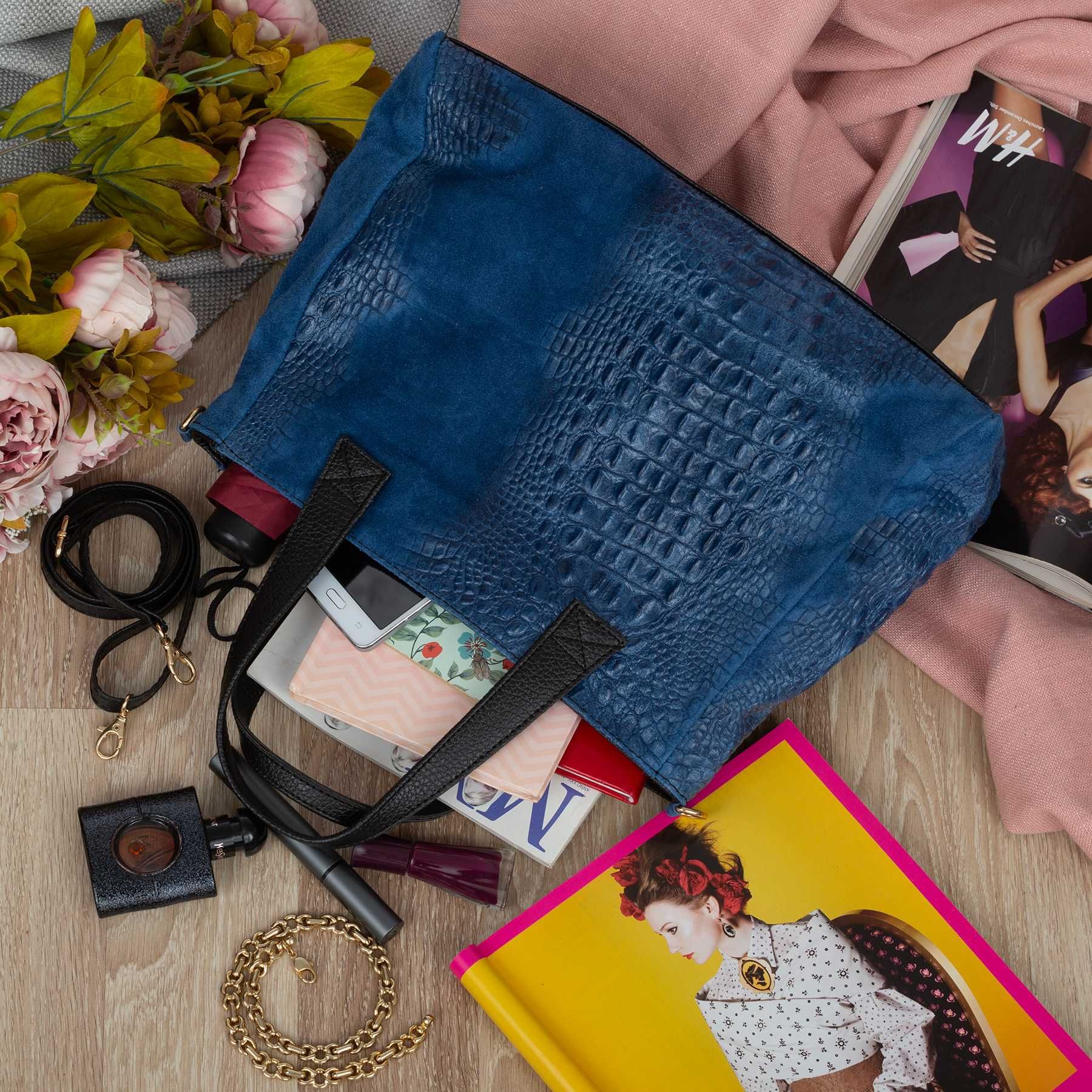 VERA PELLE torebka zamszowa shopper kroko z paskiem V543 c.jeansowa