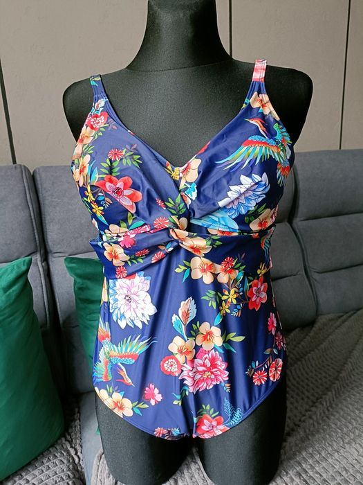 Jednoczęściowy strój kąpielowy granatowy w kwiaty papugi regulowany xl