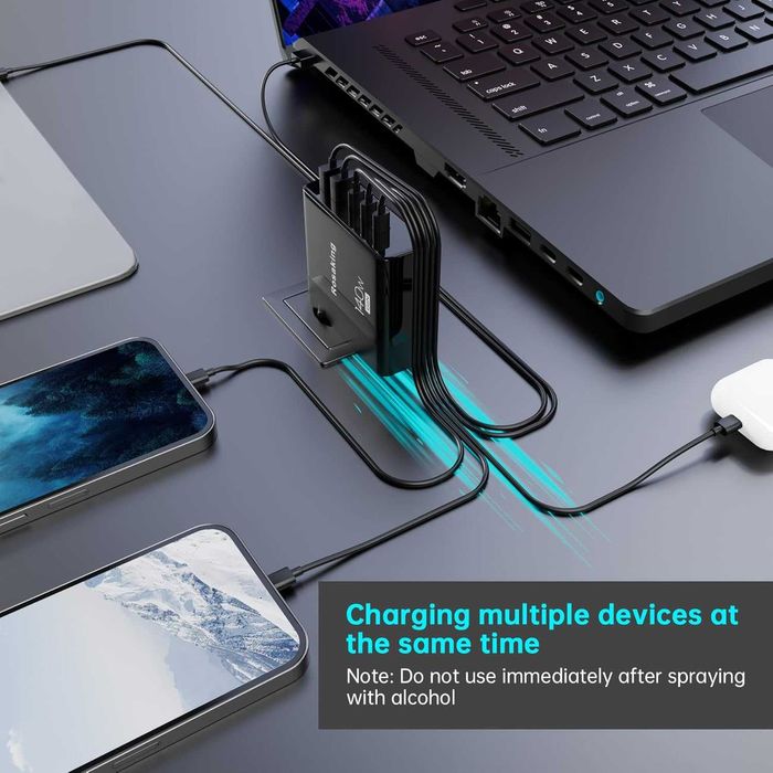 Rosaking Ładowarka USB-C 140W, szybka ładowarka GAN, 5 portów USB