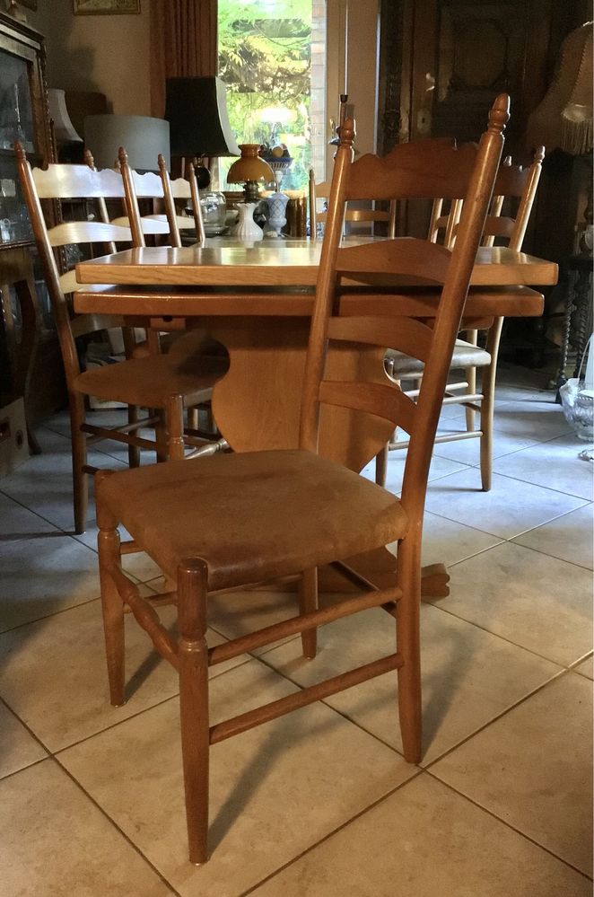 Stół rozkładany dębowy, krzesła, fotele - 8 osób, kpl.