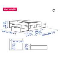 Cama casal IKEA BRIMNES Estrutura cama c/arrumação, branco, 140x200 cm