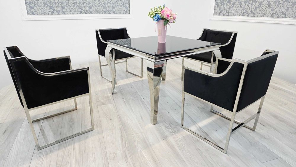 Jadalnia Glamour – Stół Ludwik 100x100 + 4 Krzesła Queen