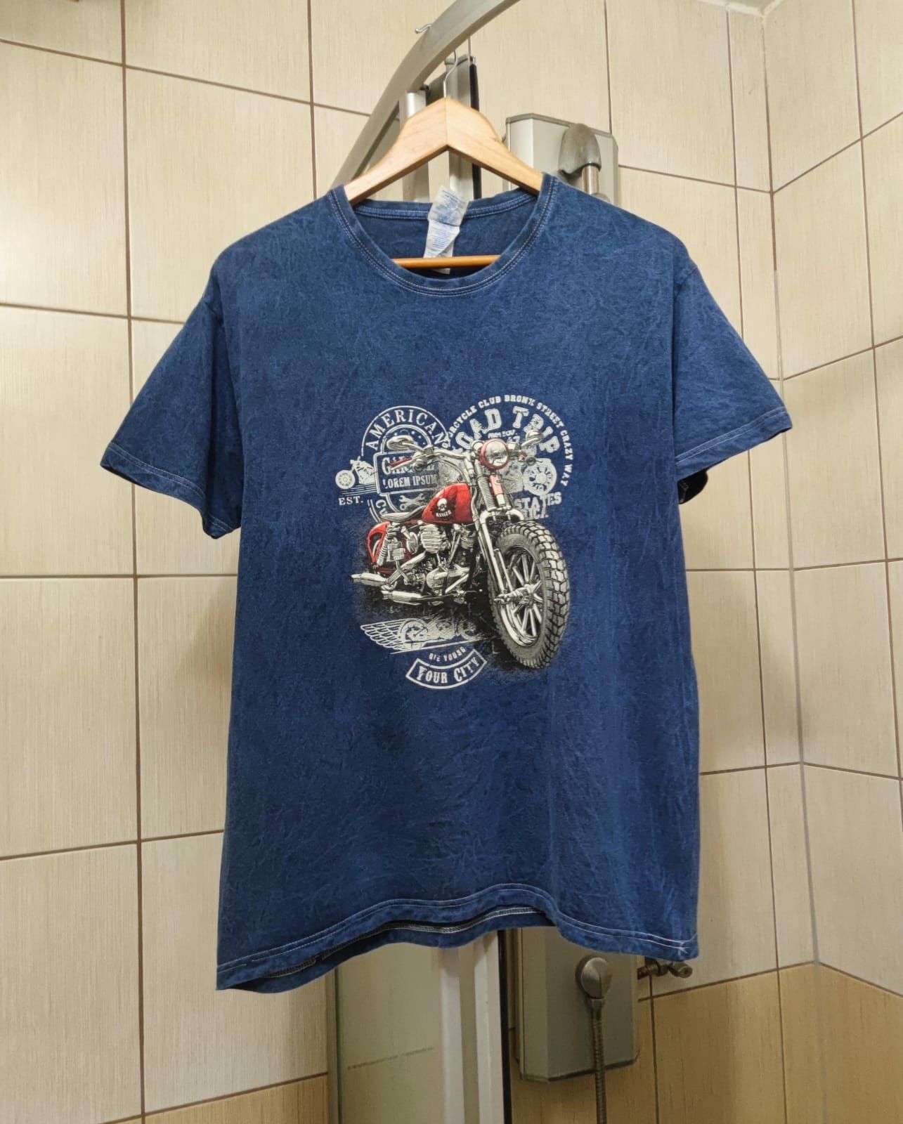 bluzka koszulka L Harley Moto z nadrukiem motora rock faith niebieska