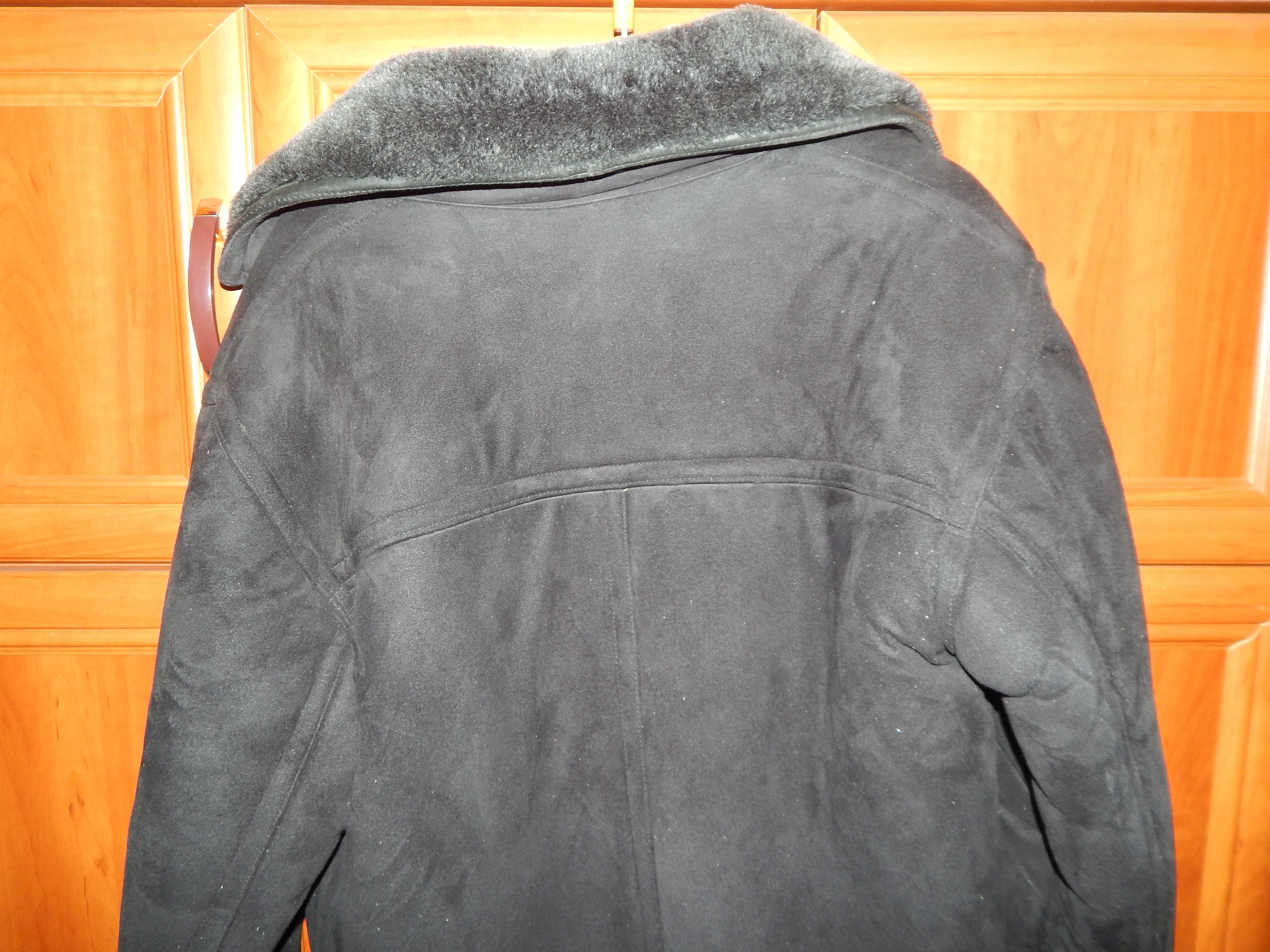 Добротный тулуп, полушубок черный XL, куртка дубленка меховая замшевая
