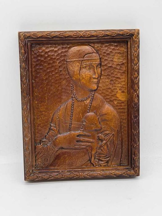 Obraz drewno Dama z łasiczka  płaskorzeźba