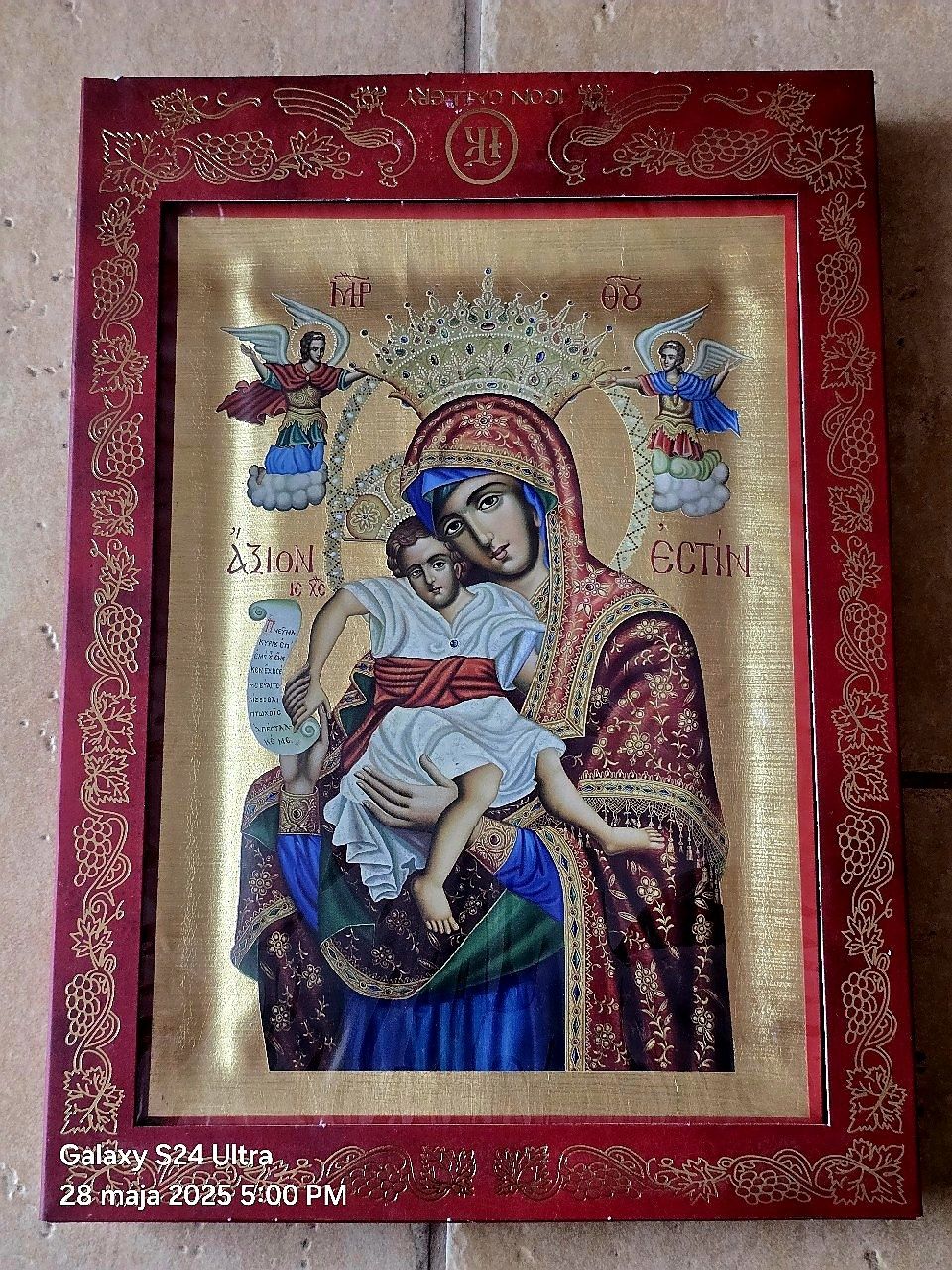Piękna Ikona Grecka prawosławna na desce Matka Boża z Dzieciątkiem.