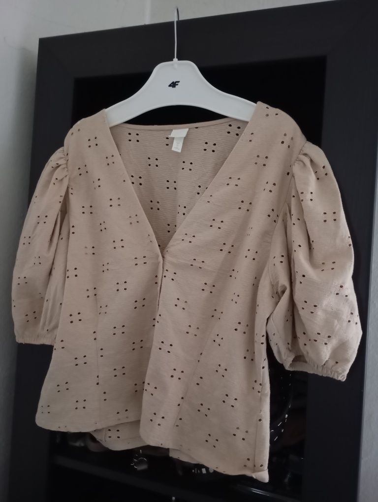 H&M beżowa haftowana bluzka XL bufiasty rękaw