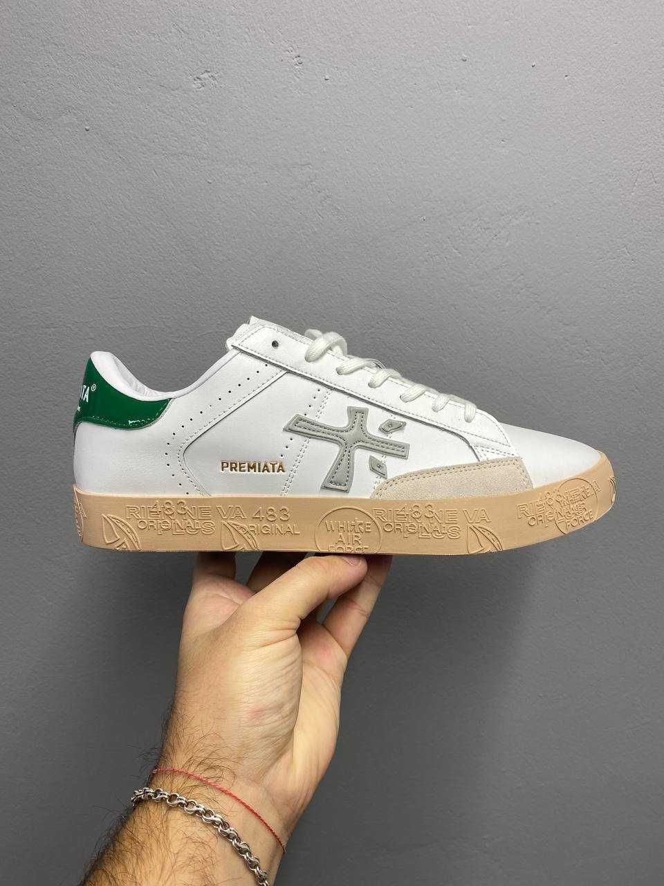 Кеди Premiata Steven White Beige Green / кеди Преміата Стівен білі