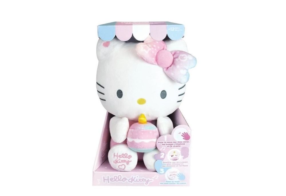Peluche com voz e luz - Hello Kitty com bolo de aniversario