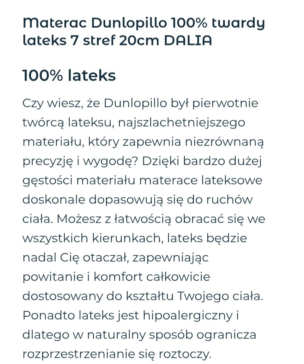 Materac 90x200 20cm 7 stref DUNLOPILLO Twardy LatexLLO