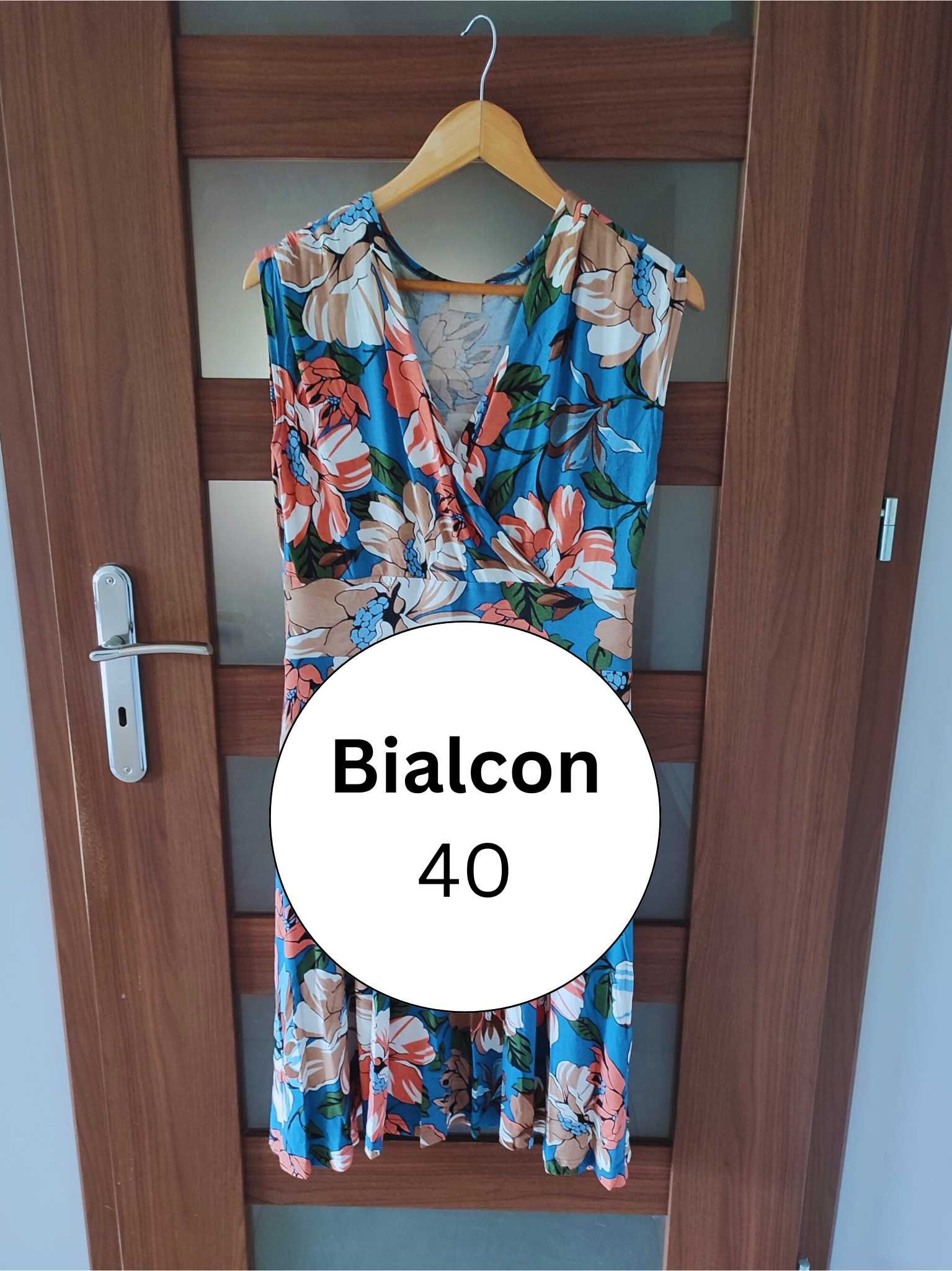 Kolorowa kopertowa sukienka w kwiaty Bialcon 40 wiskoza