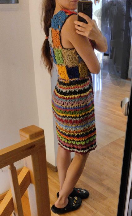 Ażurowa sukienka z paskiem, pasek, boho, szydełkowa, rozmiar M+