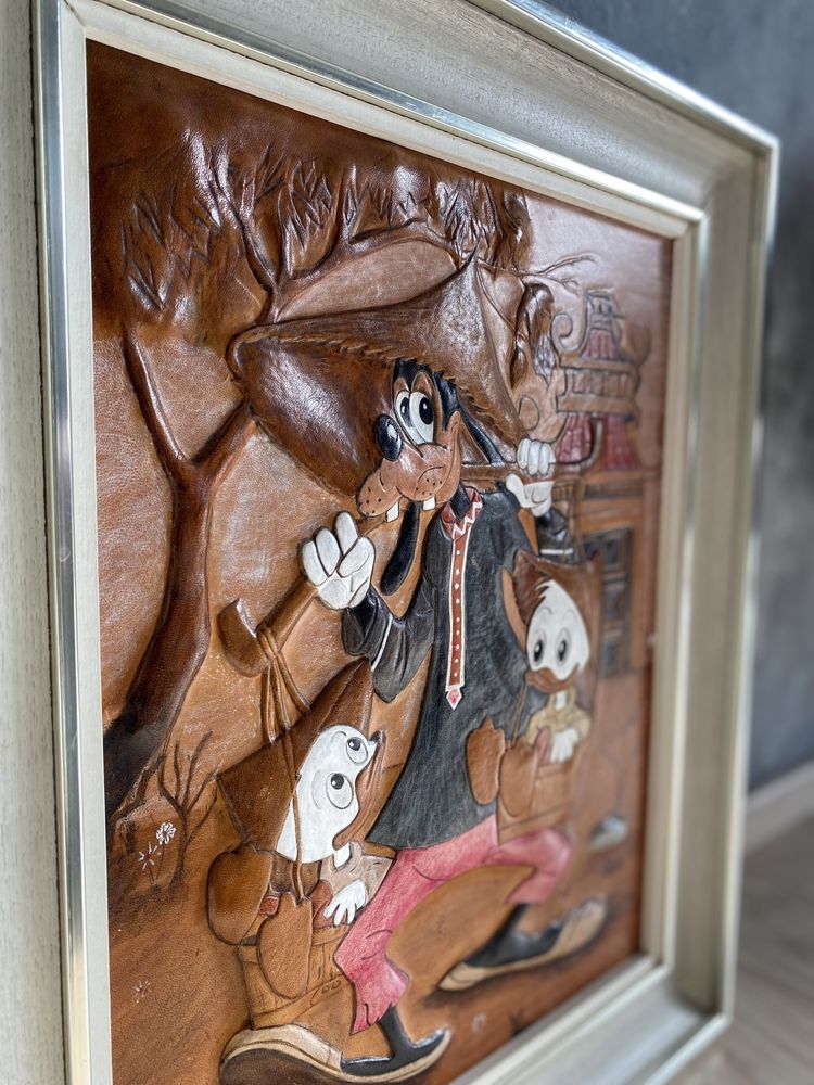 Obraz ze skóry skórzany 3d goofy disney 1982 vintage sztuka ścienna