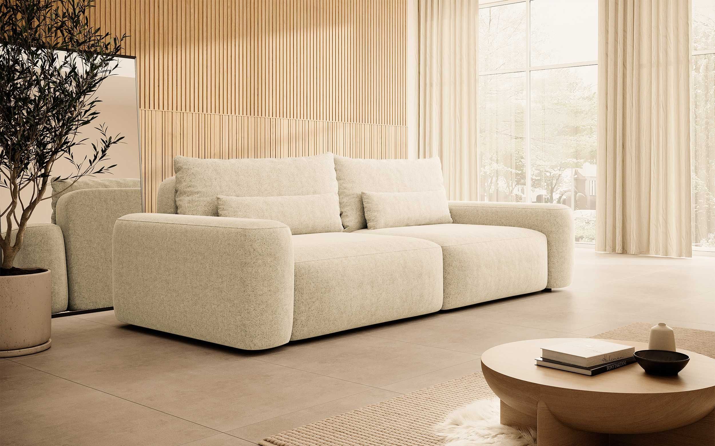 Kanapa sofa beżowa Carnos 3-osobowa rozkładana szenilowa