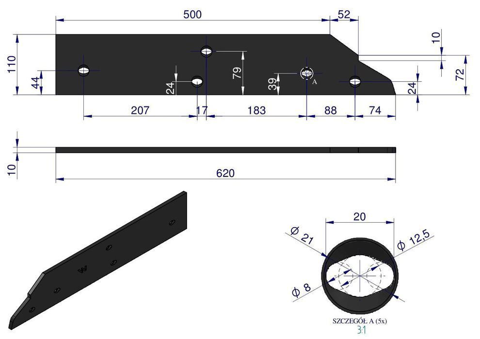 Płoza długa lewa zastosowanie Kuhn 279131 stal borowa WARYŃSKI