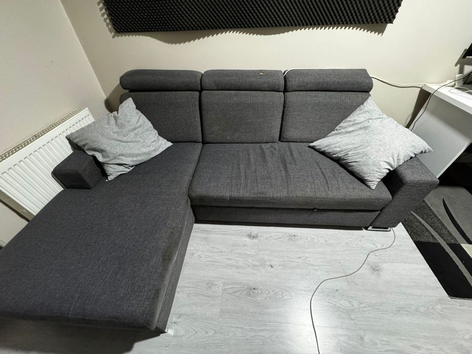 Narożnik Szary z Funkcją Spania | 3 Reg. Zagłówki | Duża skrzynia