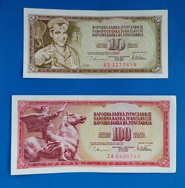 zestaw  banknotów, 10 i 100 dinarów , 2 szt. , państwo Jugosławia ,UNC