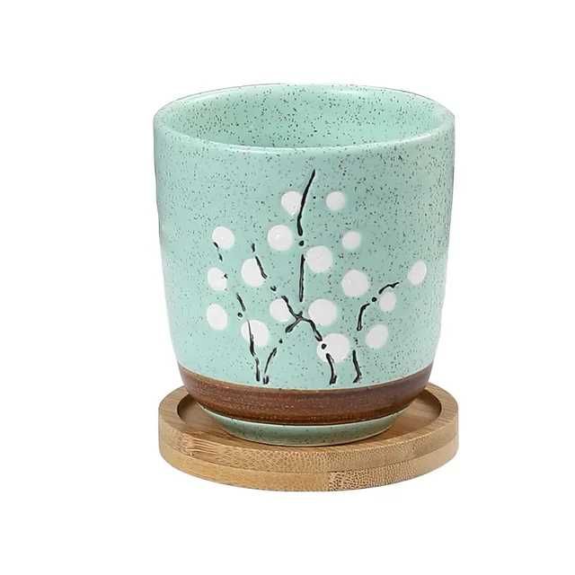 Ceramiczna doniczka z taca bambusowa, styl japoński