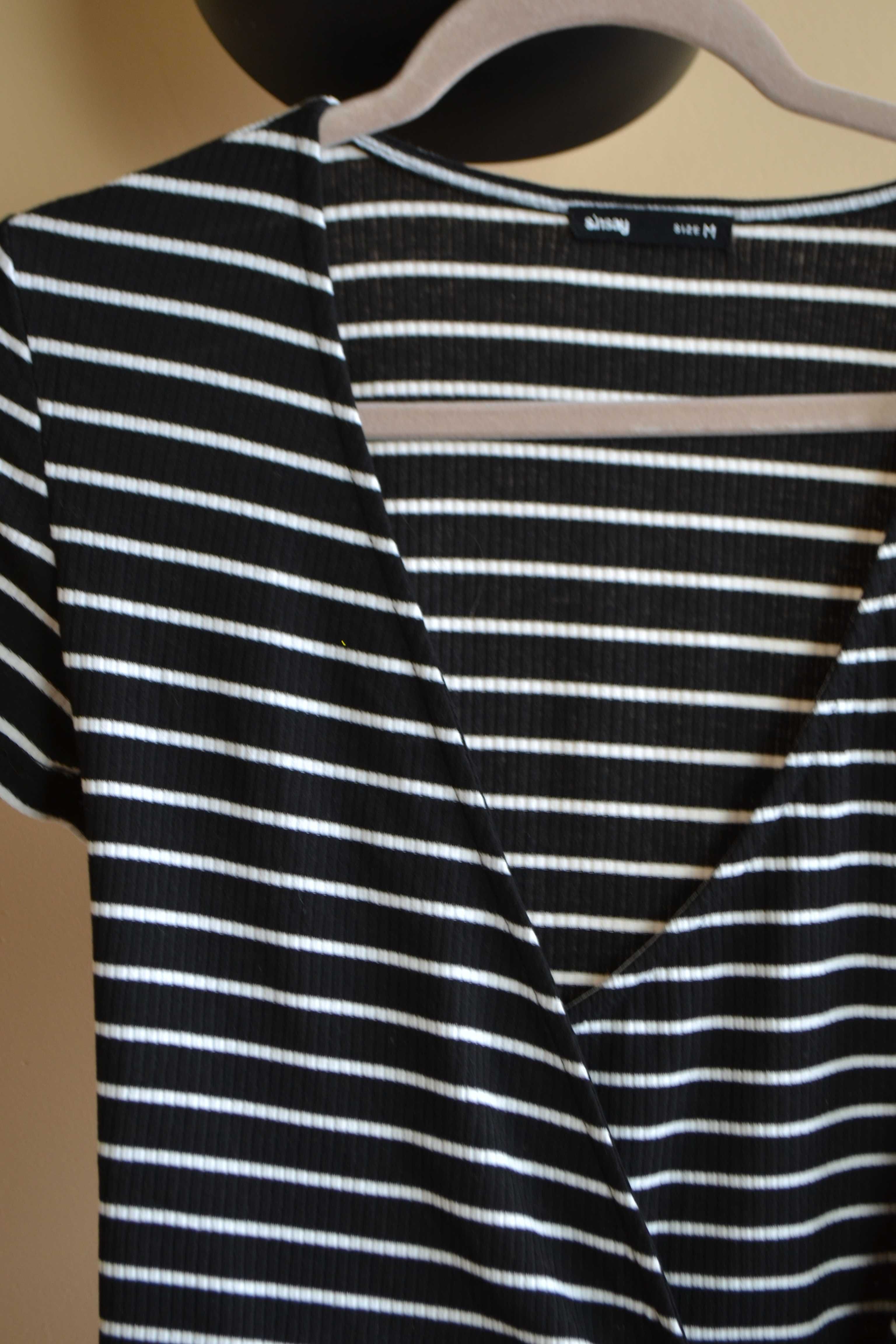 Bluzka koszulka top wiązana czarno biała w paski Sinsay M crop top