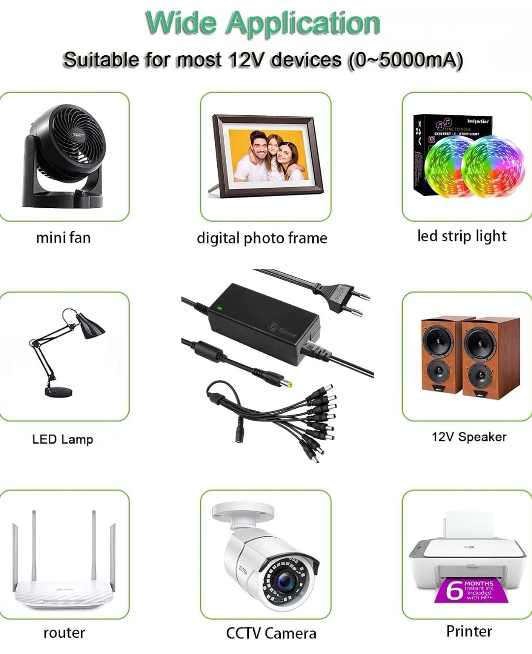 Gonine 12 V 5 A 60 W kamera monitoringowa zasilacz 2-biegunowa wtyczka