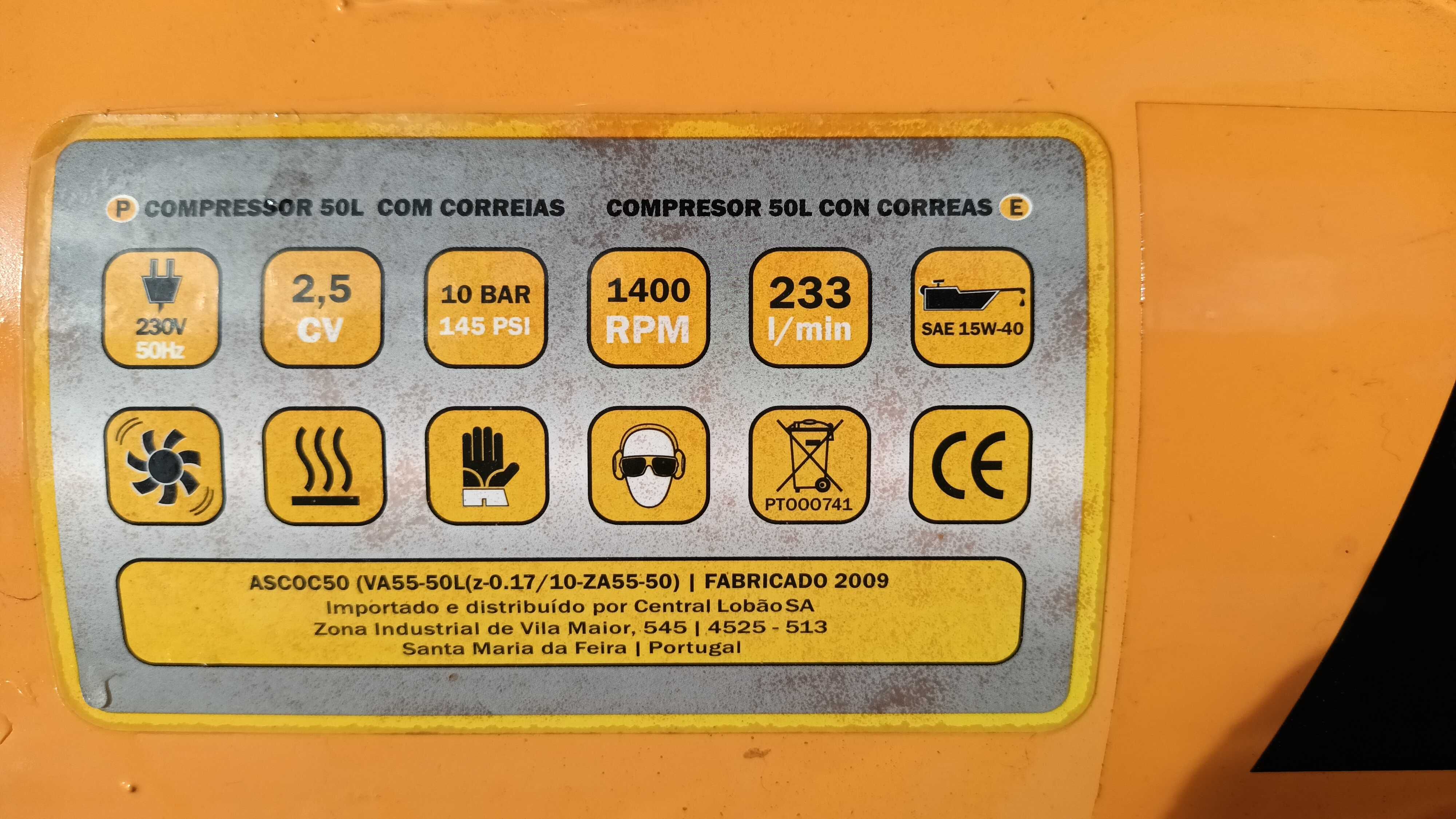Compressor de 50 litros com correia, 2,5 Hp e 10 Bares