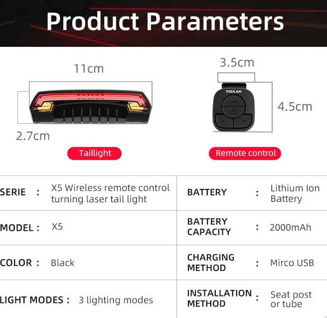 Поворотник указатель вело фонарь велосипедный Meilan X5 габарит USB