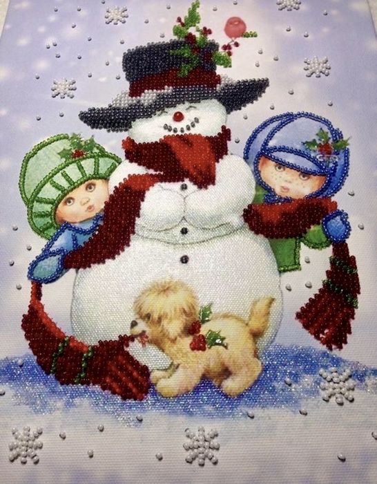 Картина «Зимові забави» вишивка на полотні декор хендмейд