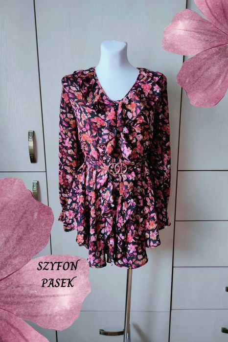 Bodyflirt NOWA czarna koszula kwiaty 42 XL szyfonowa z paskiem