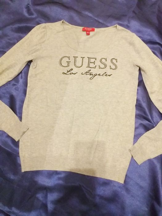 Sweter Guess S 36 szary duży dekolt napis cekiny