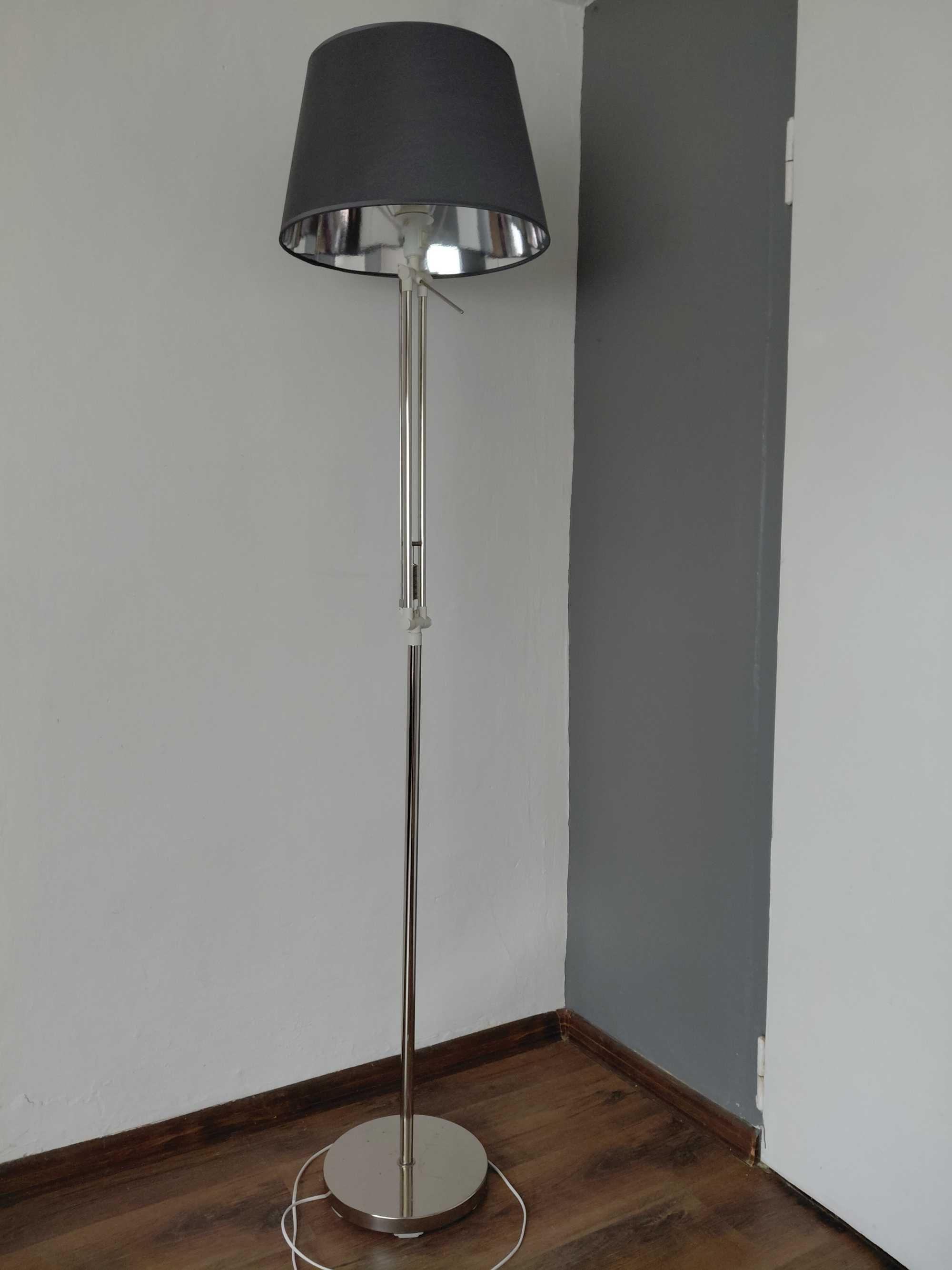 Lampa podłogowa, srebrna, szary klosz