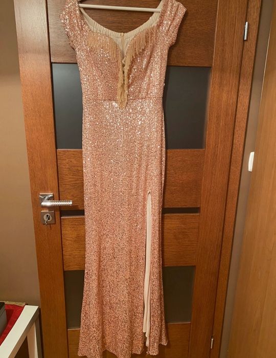 Długa złota sukienka cekiny rybka syrenka królowa shoppingu lou