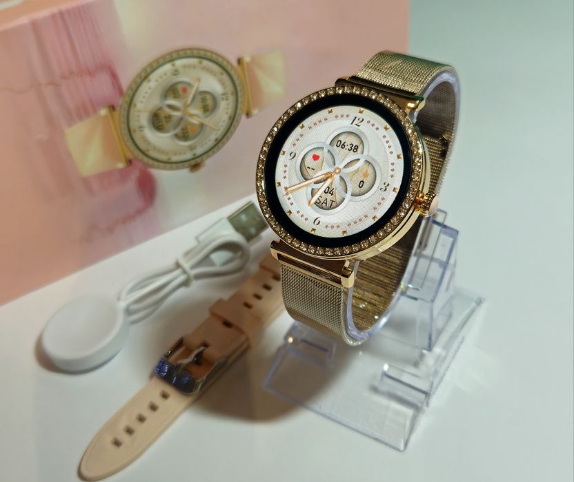 Piękny Nowy Smartwatch Zegarek Damski Złoty Tarcza z Kryształkami