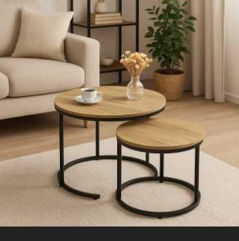 NOWY Zestaw Stolików 2w1 Okrągły Stolik KAWOWY Rozkładany LOFT Craft