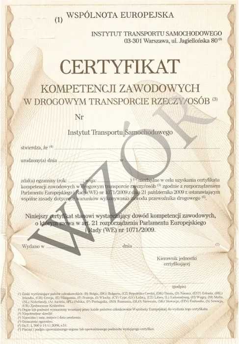 Certyfikat Kompetencji Zawodowych Licencja na przewóz rzeczy