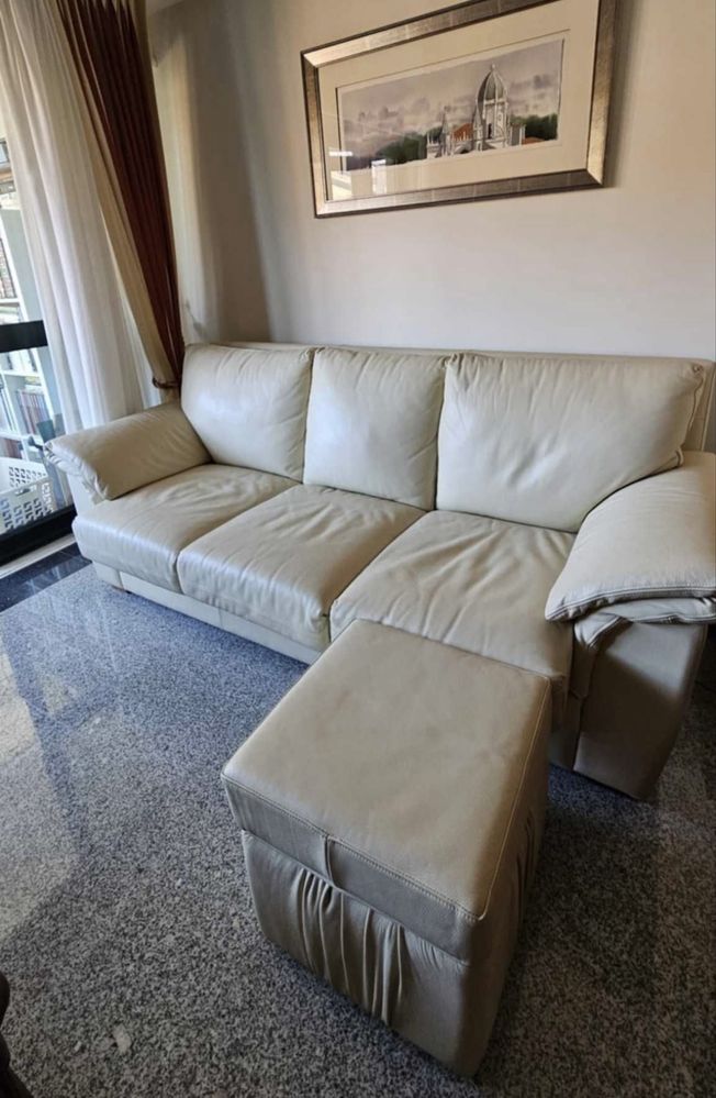Sofá cama e puf em pele em ótimo estado