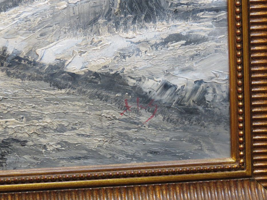 Óleo sobre tela representando floresta em tons de cinza, com moldura