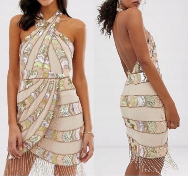Beżowa Złota cekinowa sukienka mini tall fredzle asos luxe xxl 44