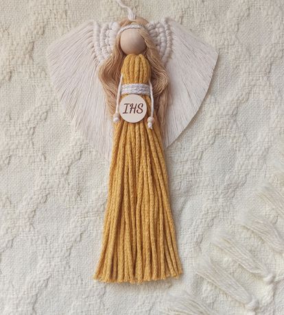 Aniołek makramowy - komunia, chrzest, pamiątka, anioł stróż 30 cm