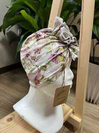 Czapka/turban i chusta w kwiaty khaki ROZMIAR M (44-48) i L (48-52)