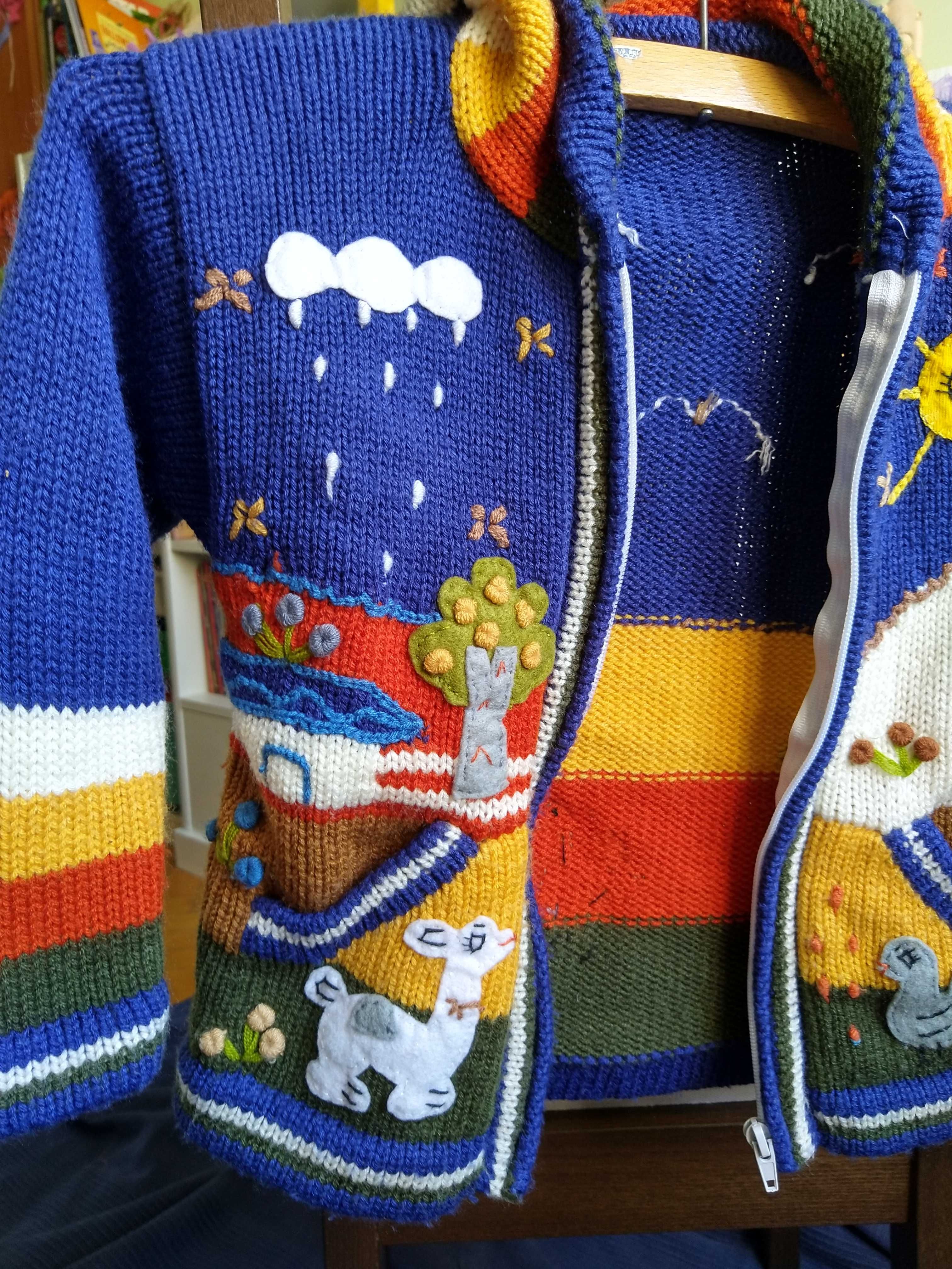 Kolorowy kardigan, sweter rozpinany z kapturem, rozm. 104-110
