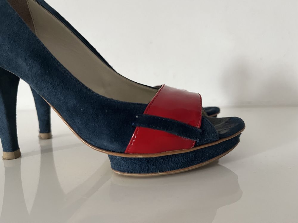 Szpilki buty Venezia nubuk granatowy czerwony platforma rozm. 36